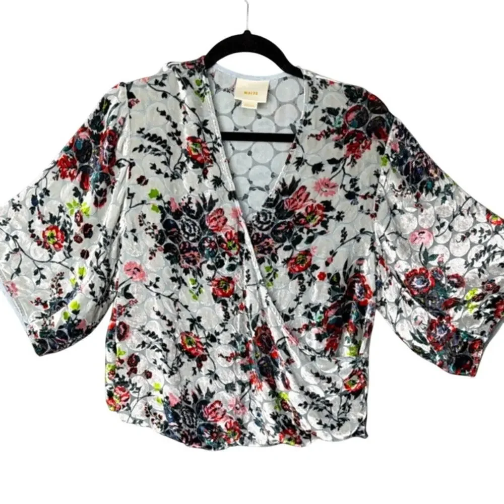 Maeve Umi Wrap Top Velvet Burnout Floral Silk Blend Boho Indie Anthro Style XS